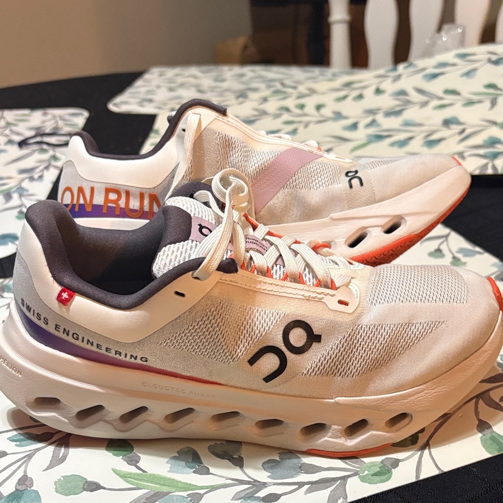On Running Women's Cream Athletic Sneakers with Pink and Orange Accents